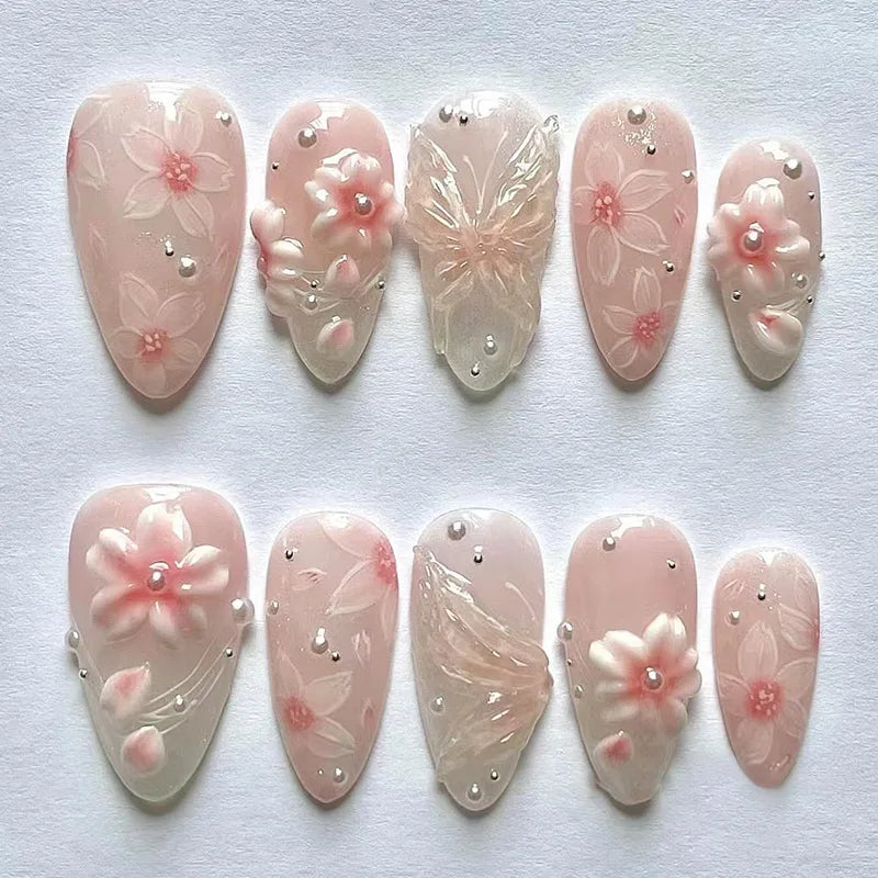 3D Flower French Tip Press On Nails Almond
