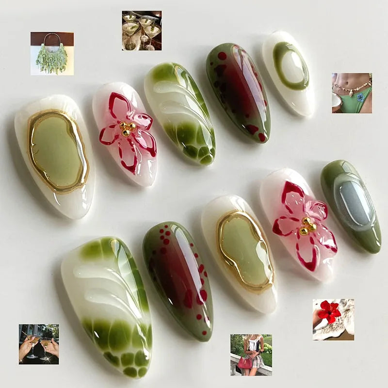3D Flower French Tip Press On Nails Almond