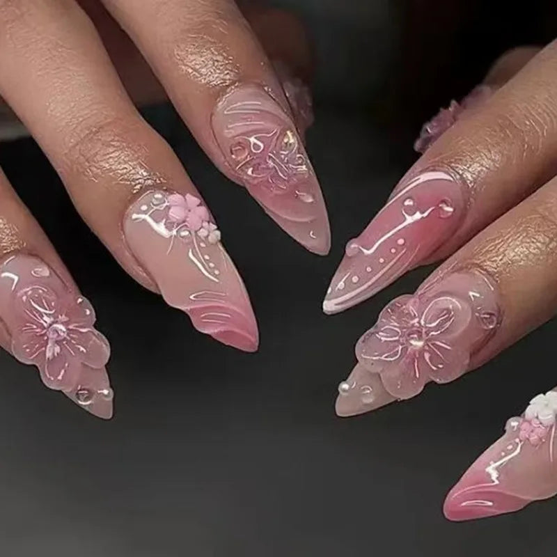 3D Flower French Tip Press On Nails Almond