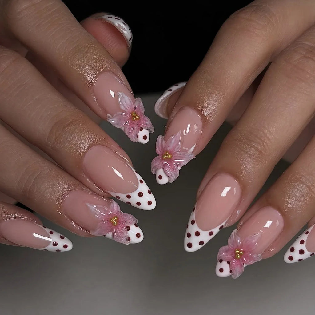 3D Flower French Tip Press On Nails Almond