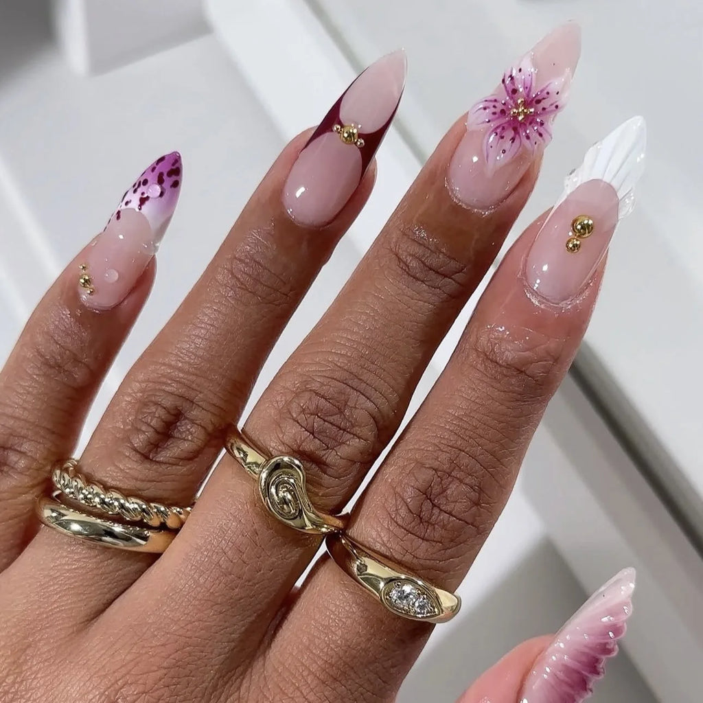 3D Flower French Tip Press On Nails Almond