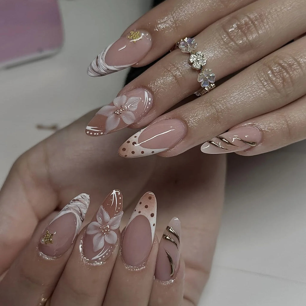 3D Flower French Tip Press On Nails Almond