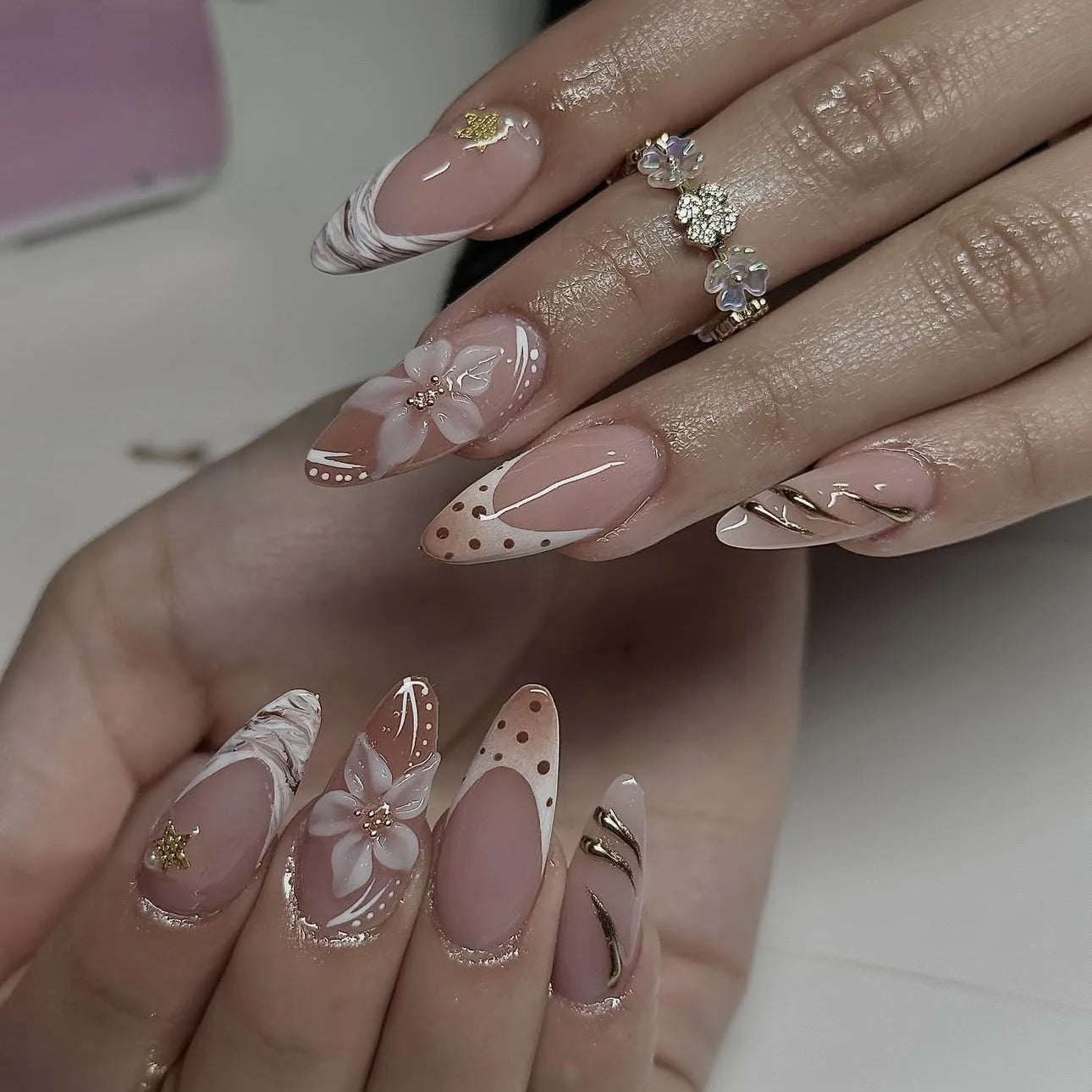 3D Flower French Tip Press On Nails Almond