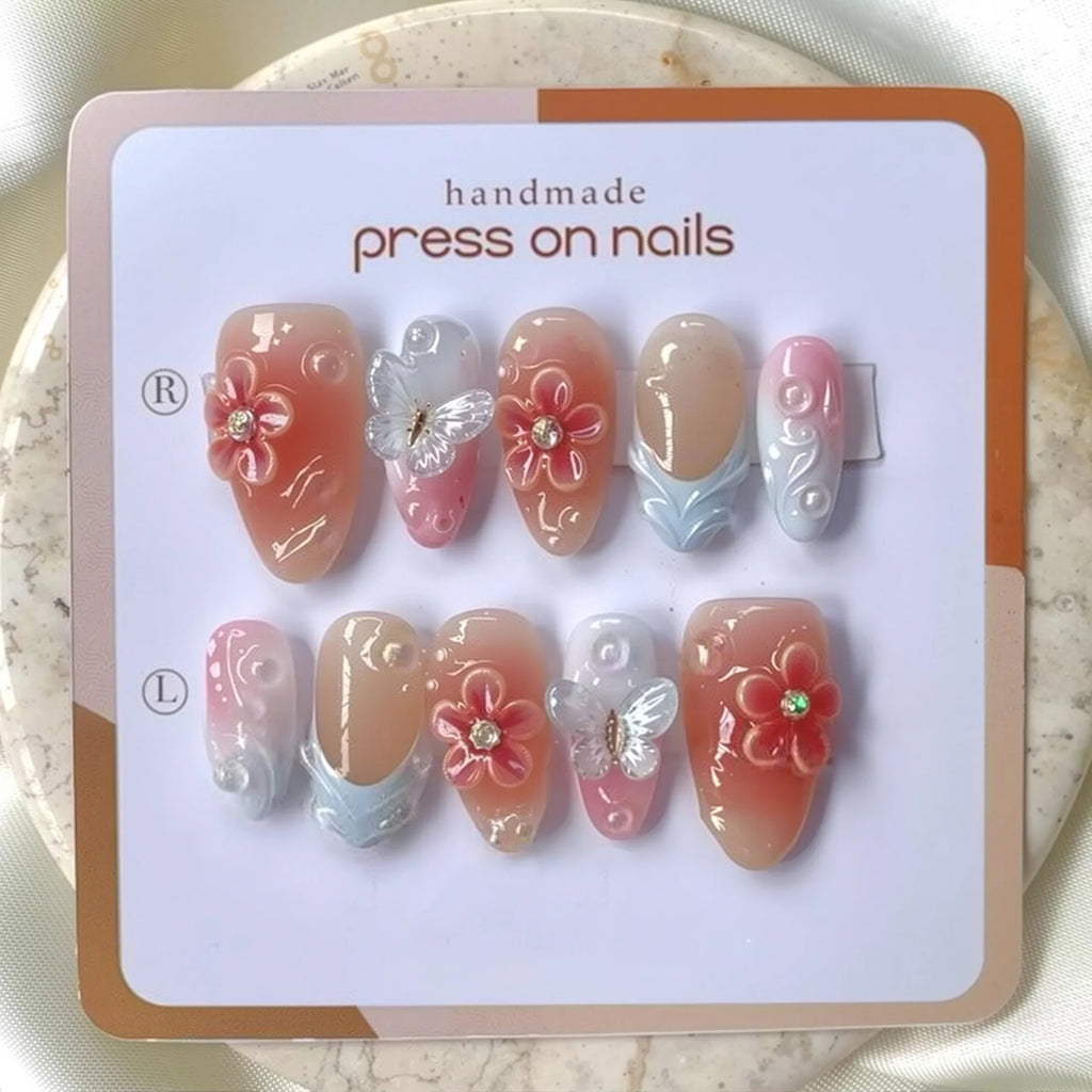 3D Flower French Tip Press On Nails Almond