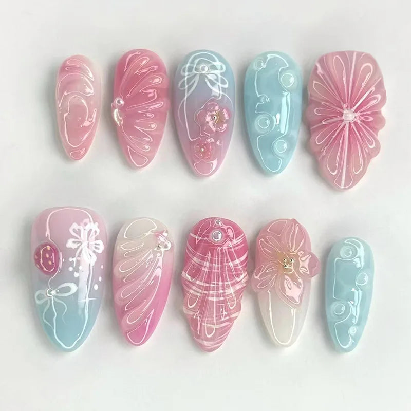 3D Flower French Tip Press On Nails Almond