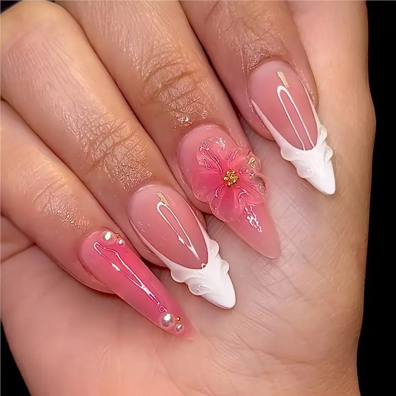 3D Flower French Tip Press On Nails Almond