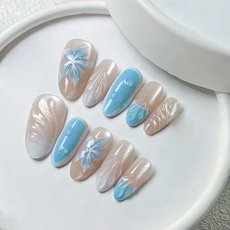 3D Flower French Tip Press On Nails Almond