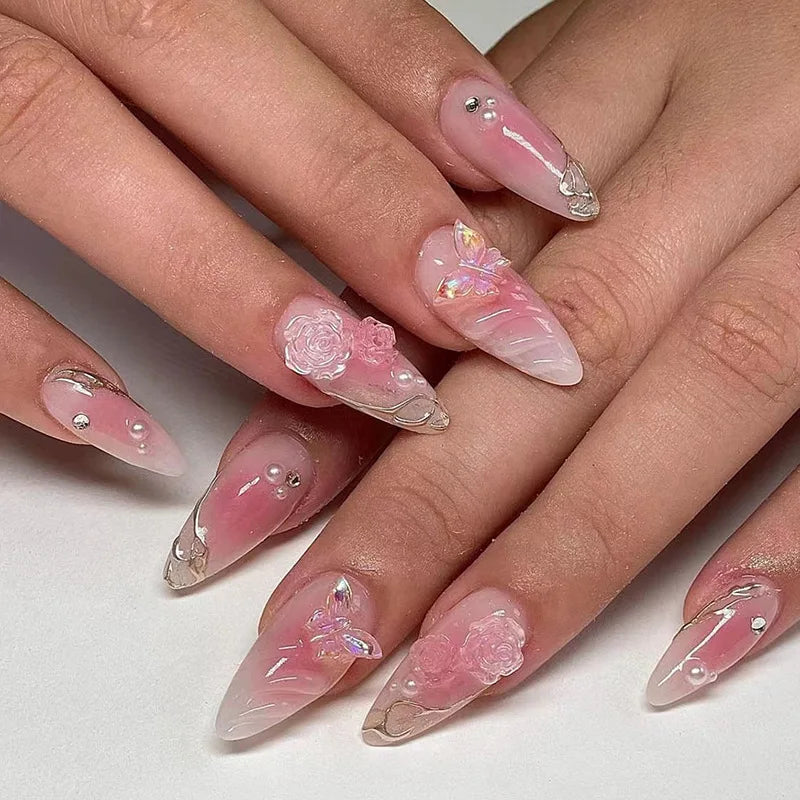 3D Flower French Tip Press On Nails Almond