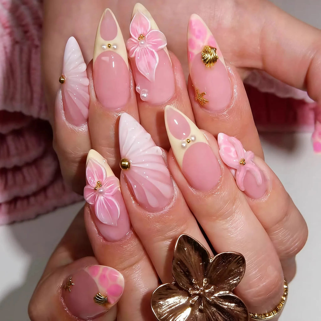3D Flower French Tip Press On Nails Almond