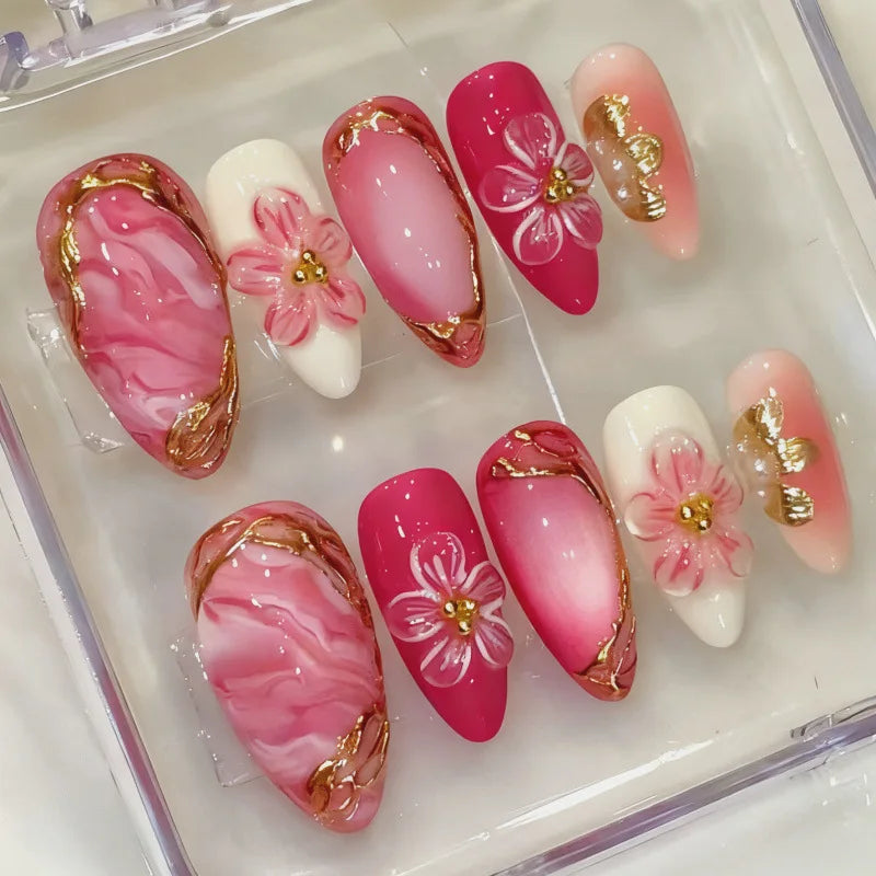 3D Flower French Tip Press On Nails Almond