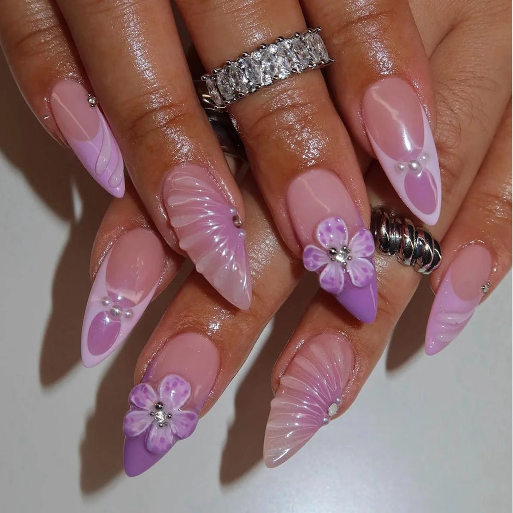 3D Flower French Tip Press On Nails Almond