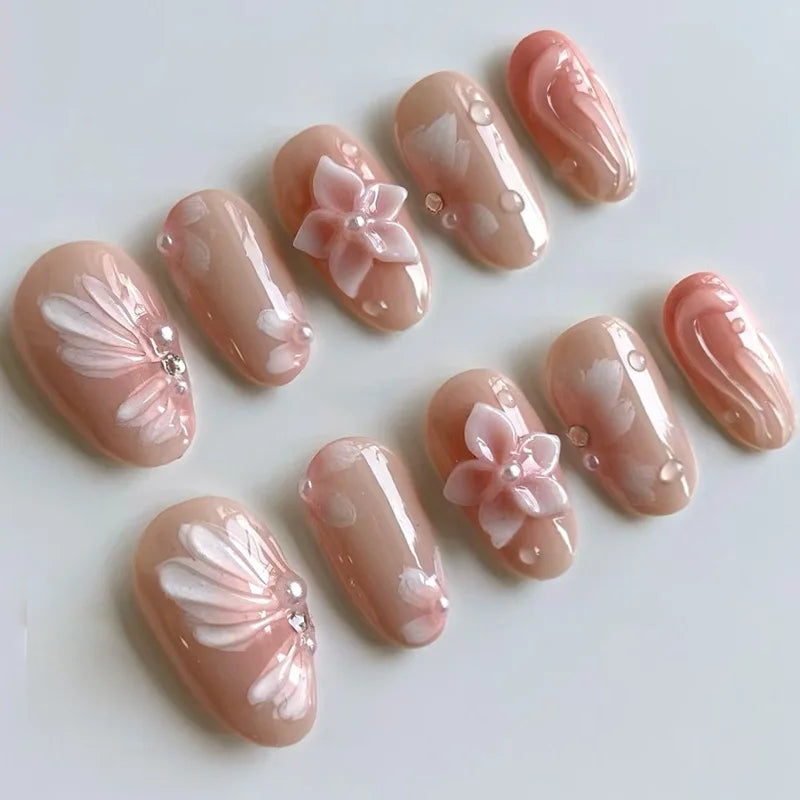 3D Flower French Tip Press On Nails Almond