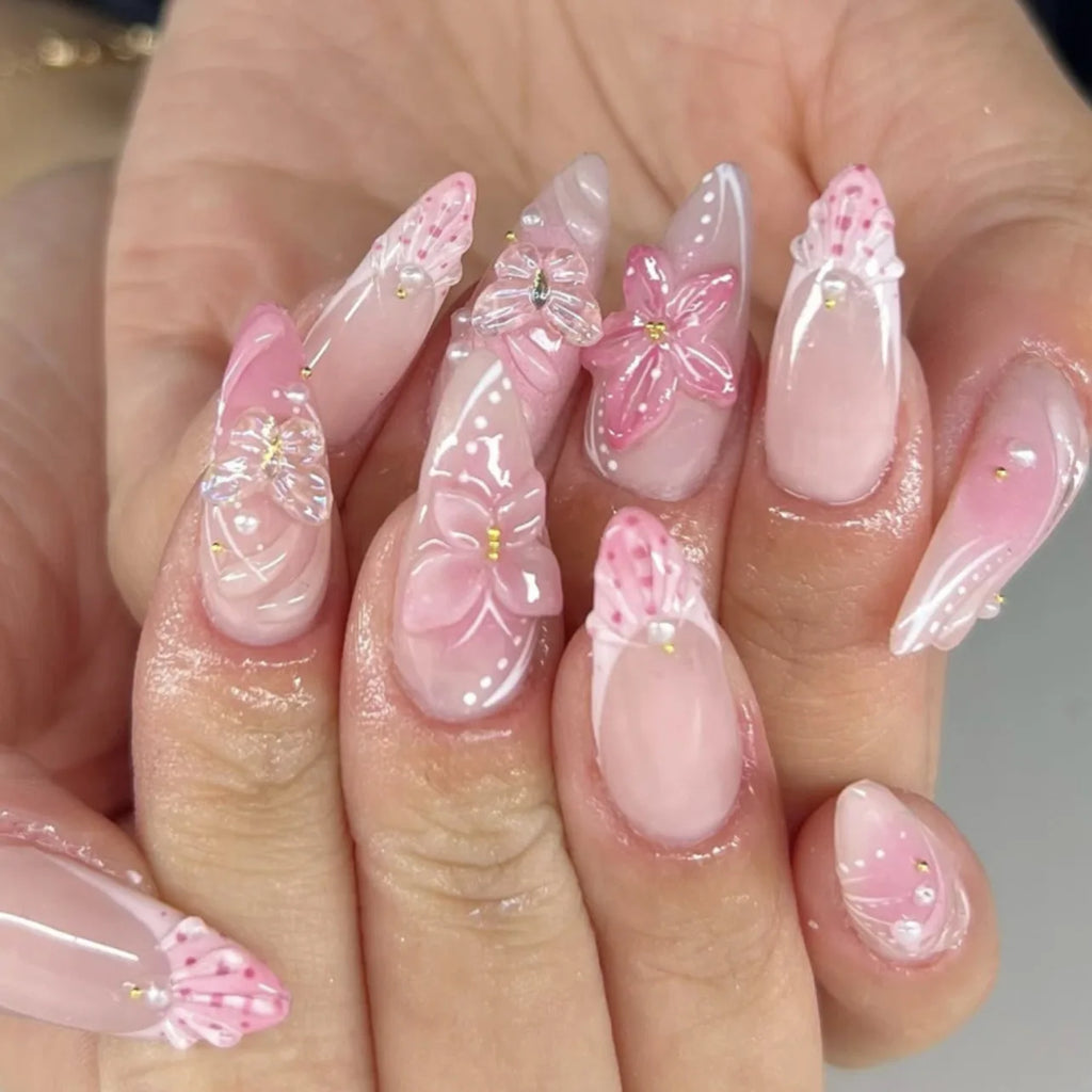 3D Flower French Tip Press On Nails Almond