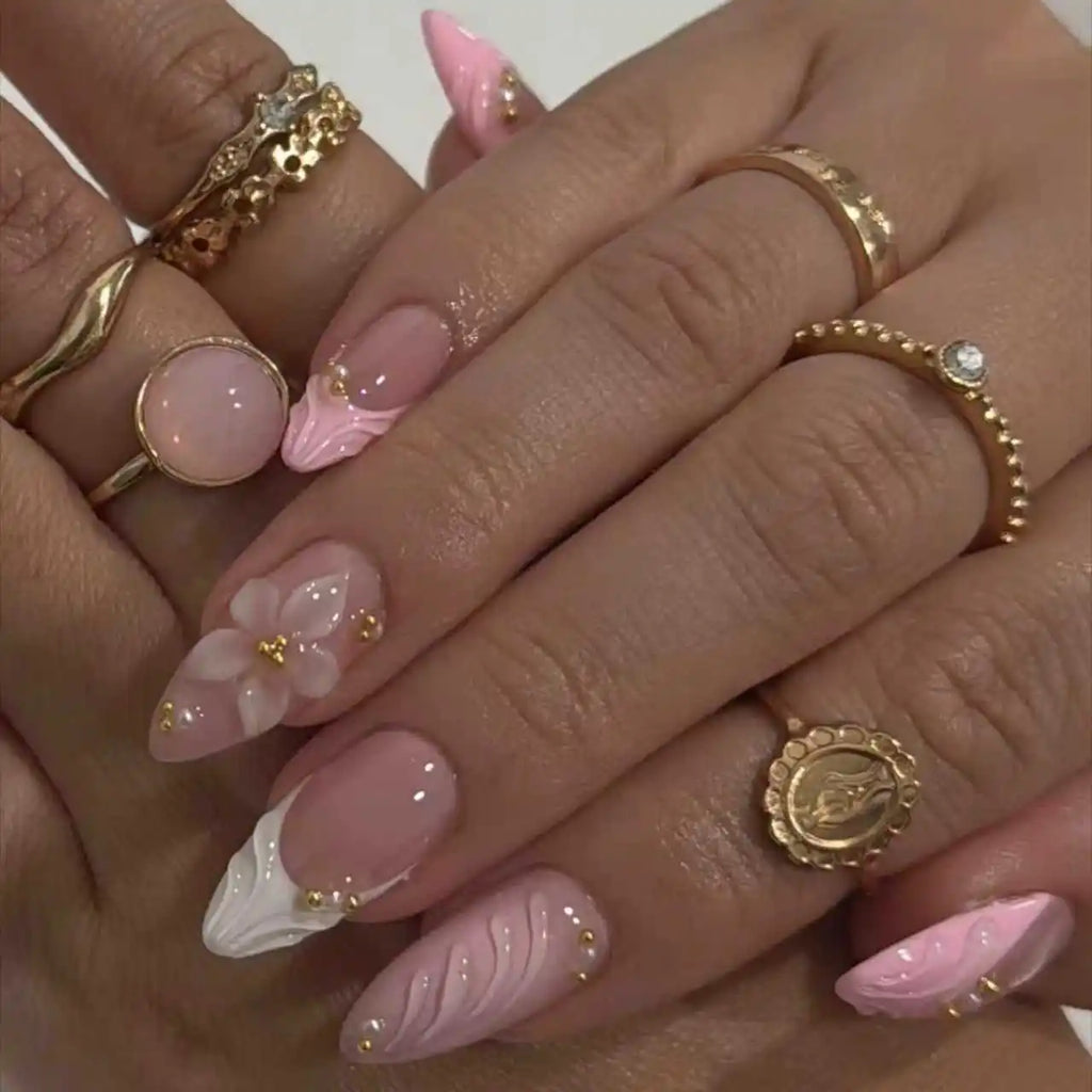 3D Flower French Tip Press On Nails Almond